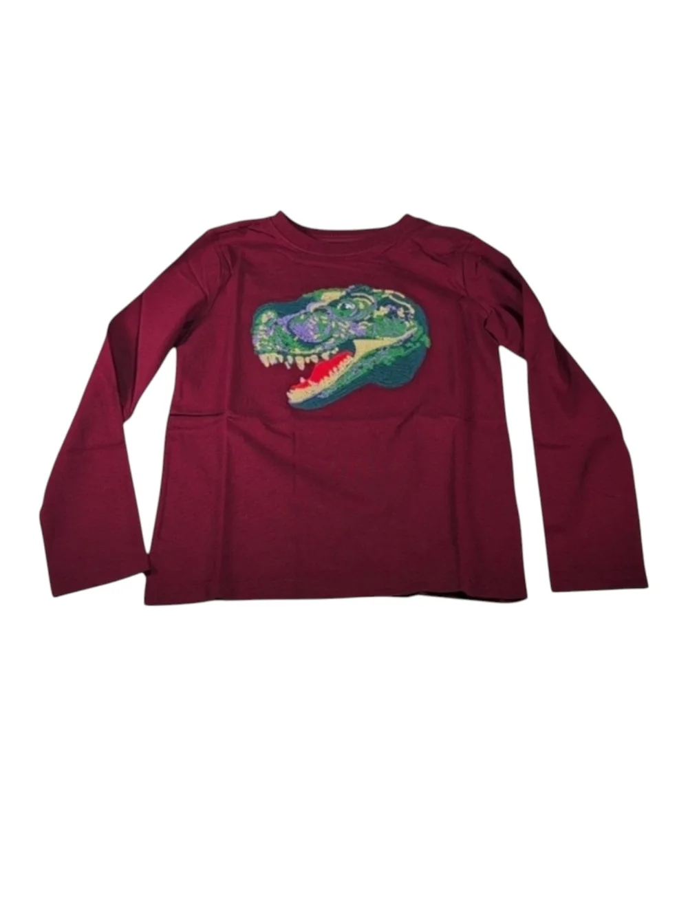 Lands' End Maroon T-Rex Embroidered Long Sleeve Tee Boys Medium